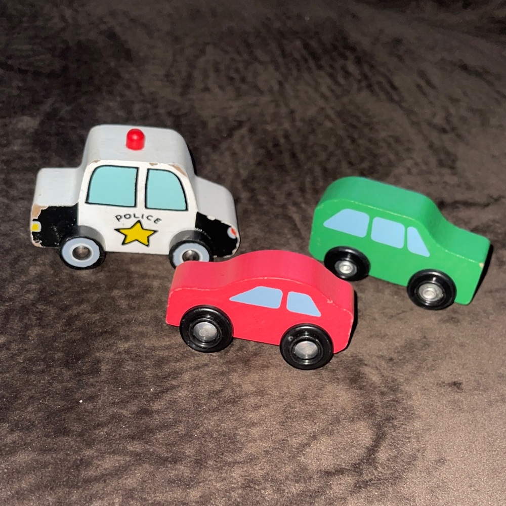 Wooden Toy Car Set - Police, Red, and Green Cars